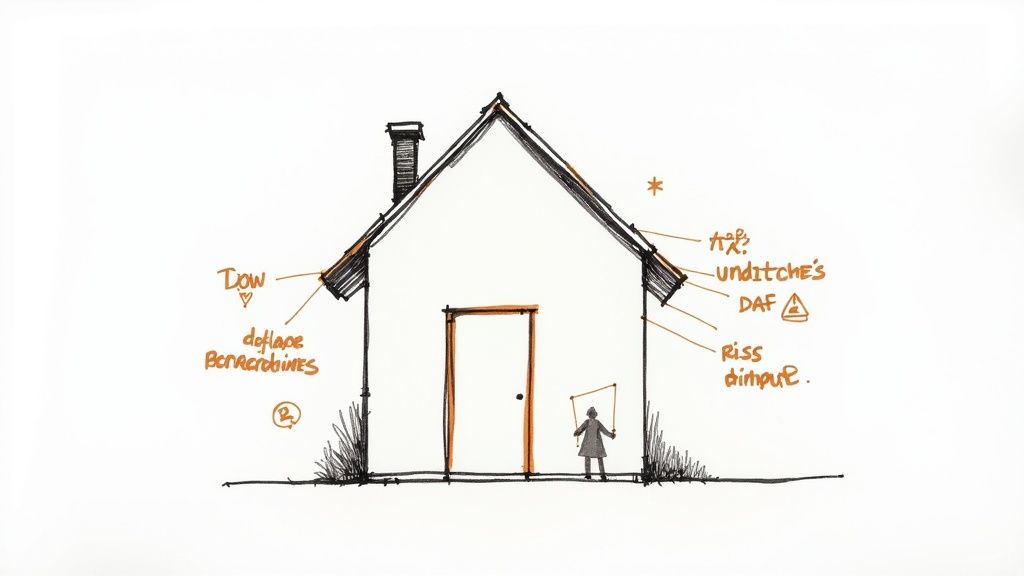 Handgezeichnete Skizze eines Hauses mit Schornstein, einer Person und beschrifteten Anmerkungen.