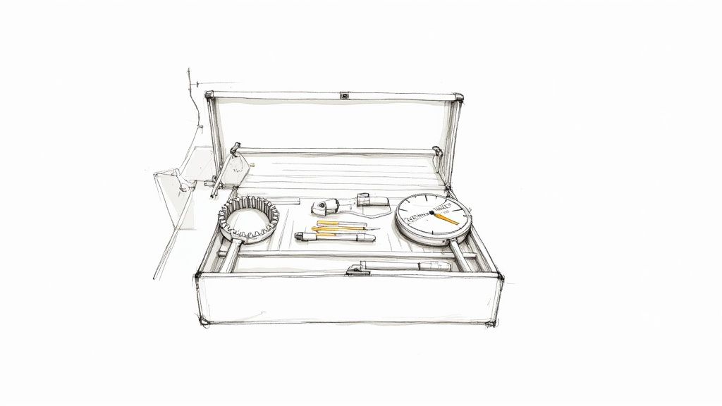 Skizze eines offenen Werkzeugkastens mit verschiedenen Messgeräten und Werkzeugen, darunter ein Manometer und Ring.