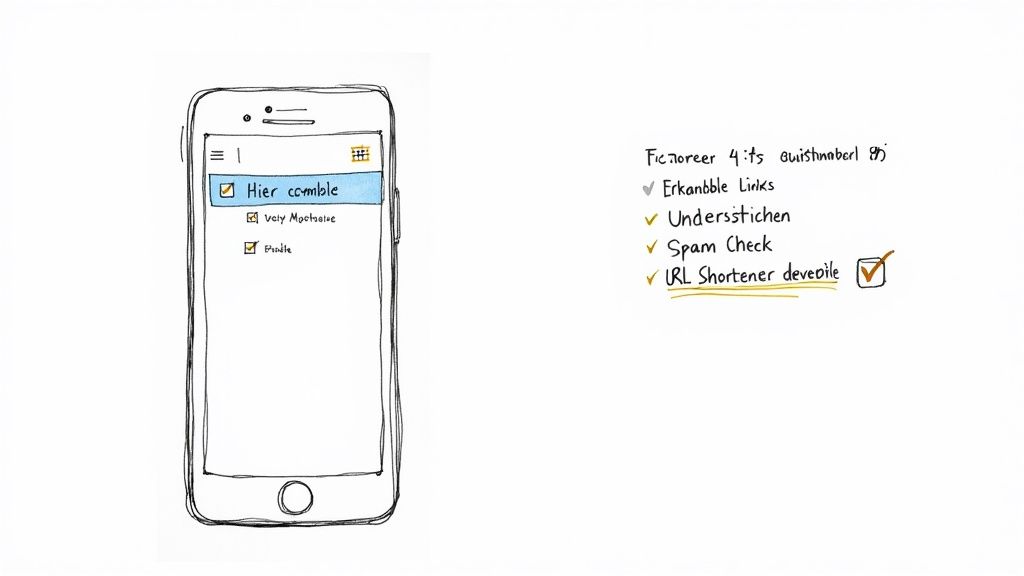 Eine handgezeichnete Darstellung eines Smartphones mit To-Do-Listen zu Link- und Aufgabenverwaltung.
