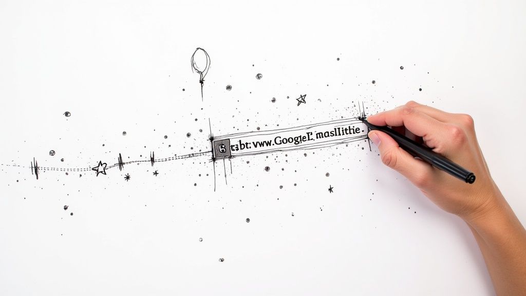 Eine Person kopiert einen Link auf einem Laptop-Bildschirm, während daneben eine saubere, gekürzte URL erscheint, was den Prozess des Link-Kürzens illustriert.