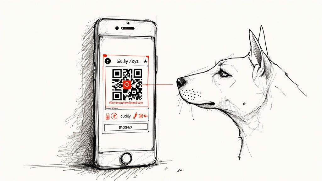 Eine Person scannt einen QR-Code auf einem Werbeplakat mit ihrem Smartphone, der Blick ist leicht skeptisch.