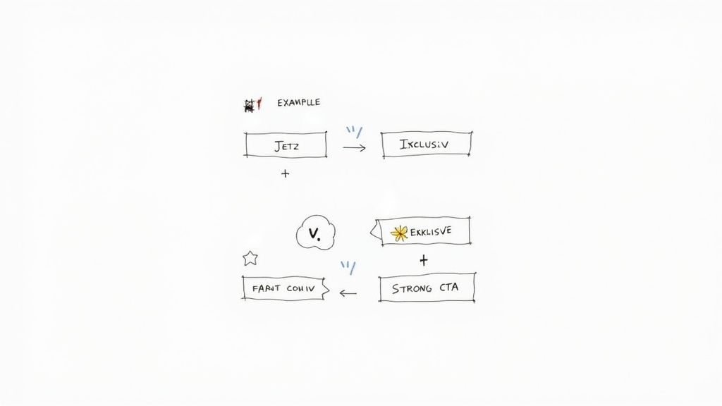 Diagramm mit Fluss von 'Jetzt' zu 'Inclusiv' und von 'Strong CTA' zu 'Farnt Coniv', mit Elementen wie 'Ekklisve'.