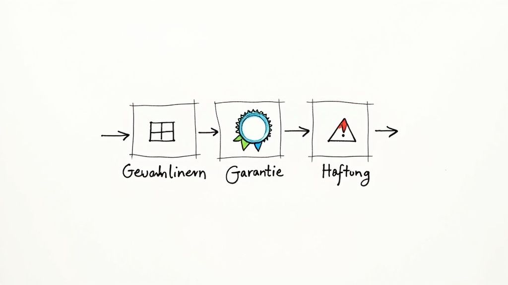 Flussdiagramm der Phasen Gewährleistung, Garantie und Haftung mit entsprechenden Symbolen zur Erklärung.
