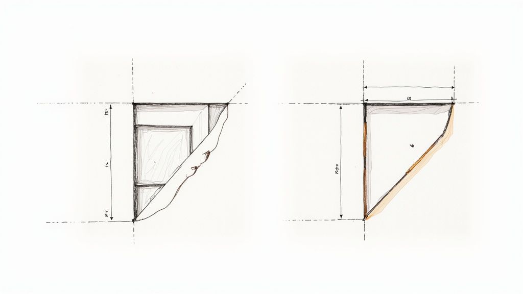 Handgezeichnete Skizzen von zwei Gebäudeecken oder Trägern mit verschiedenen Schnittansichten und Maßen.