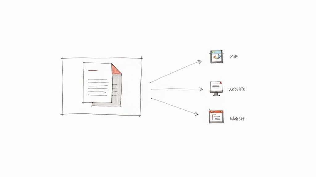 Ein handgezeichnetes Diagramm zeigt, wie ein Dokument in verschiedene digitale Formate umgewandelt werden kann: PDF, Website auf einem Desktop-Monitor und Website in einem Browserfenster.