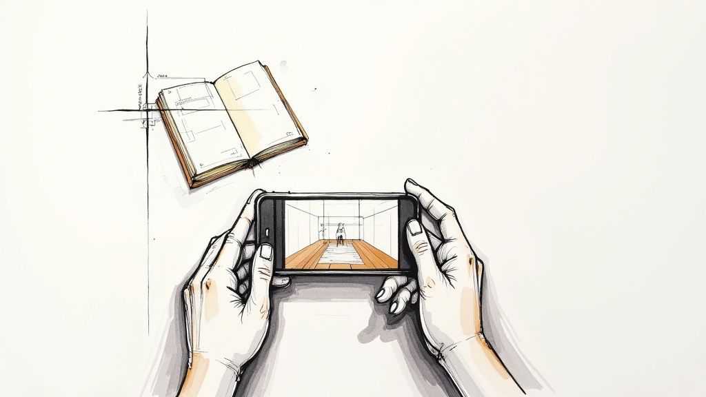 Eine Person markiert einen Riss in einer Wand mit Bleistift und einem Zollstock zur Dokumentation