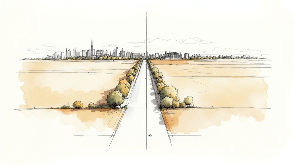 Architektonische Skizze einer Straße führend zur Stadtsilhouette mit Bäumen und offenen Feldern