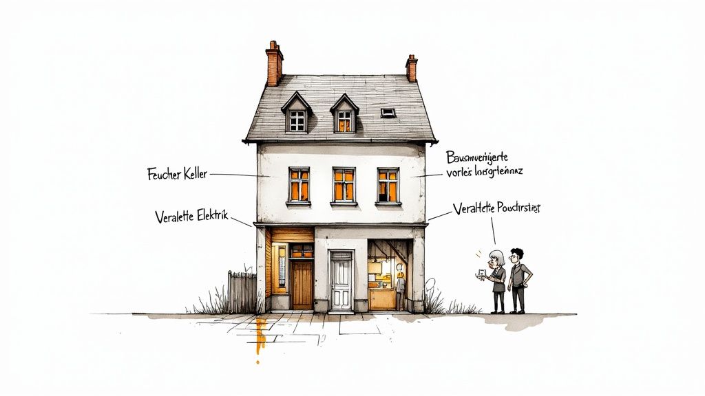 Illustration eines Hauses mit Hinweisen auf Mängel wie feuchten Keller und veraltete Elektrik, begutachtet von einem Bausachverständigen.