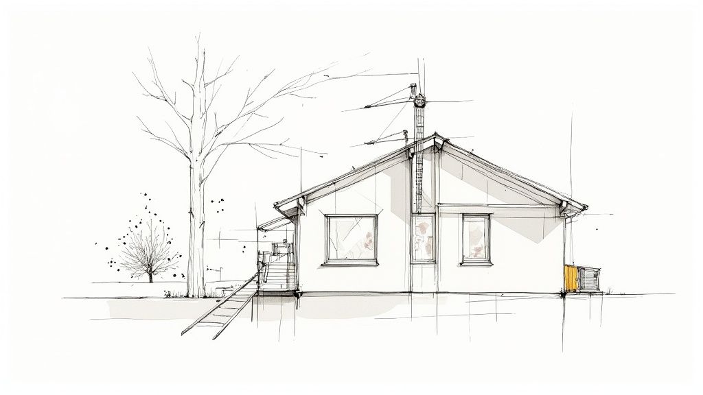 Ein Bauherr und ein Bauleiter gehen mit einem Klemmbrett über eine Baustelle und führen eine Inspektion durch.