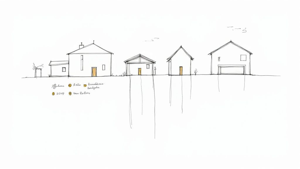 Eine architektonische Skizze zeigt verschiedene Haustypen auf einem Grundstück, die unterschiedliche Fundamenttiefen benötigen, was die Komplexität des Bauvorhabens verdeutlicht.