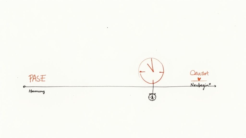 Eine Zeitlinie zeigt die Verjährung von Baumängeln mit einer Pause, Hemmung und einem Neustart.