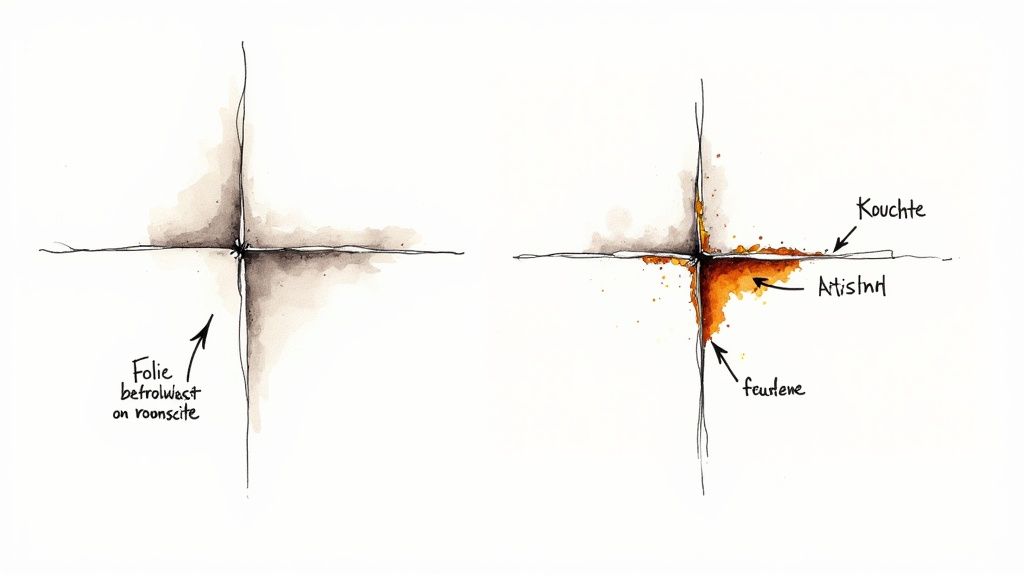 Eine Person bringt ein Stück Folie an einer feuchten Kellerwand an, um die Quelle der Feuchtigkeit zu testen.