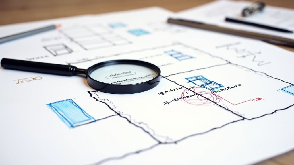 Vergrößerungsglas auf technischen Zeichnungen und Skizzen mit Bauplänen, umgeben von Stiften und Bleistiften.