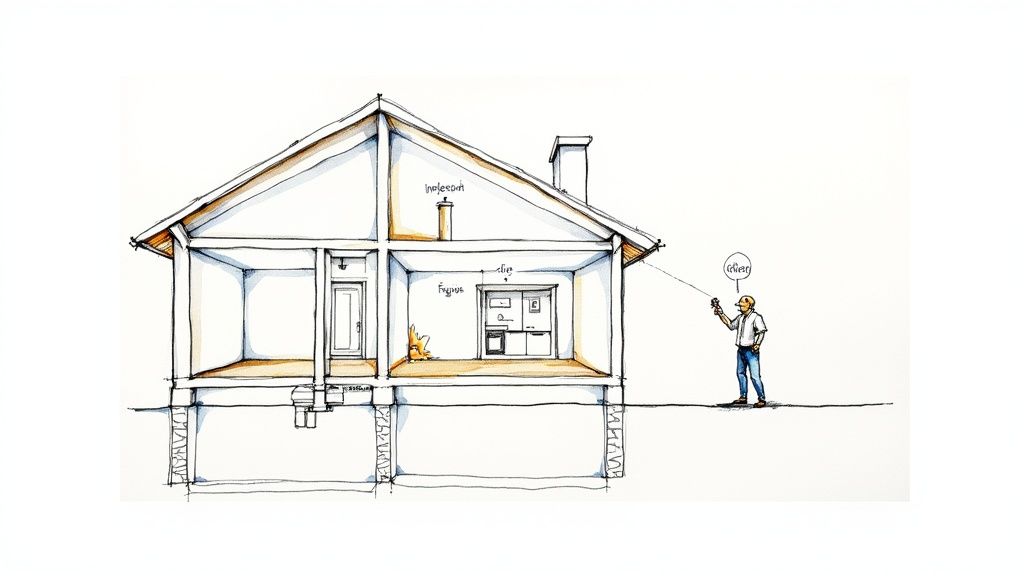 Ein Gutachter untersucht eine Hausfassade mit einem Klemmbrett