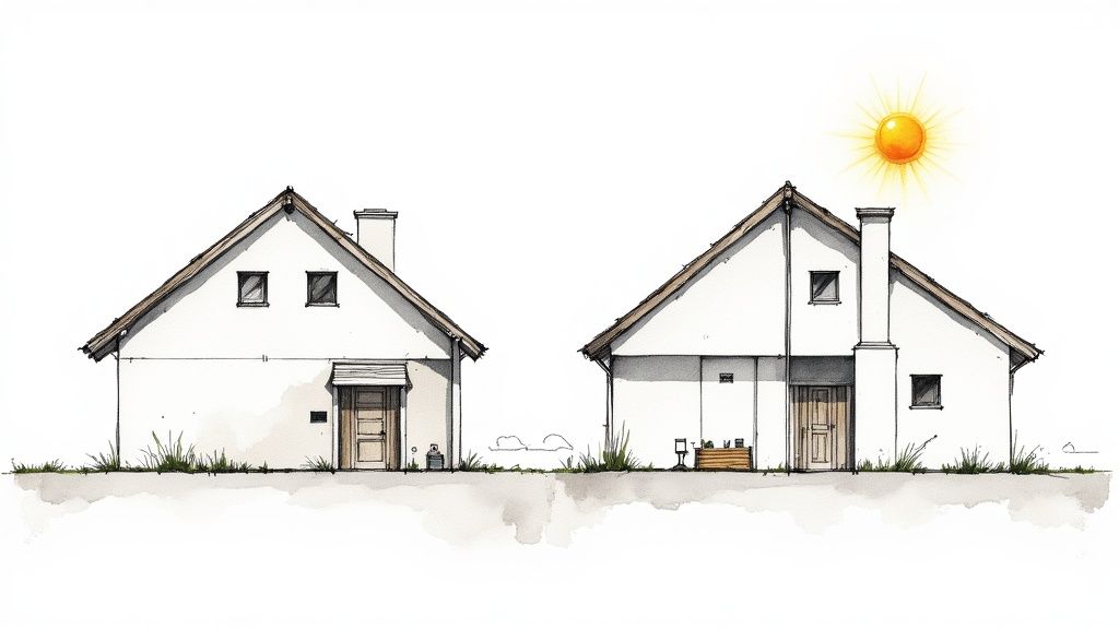 Zwei handgezeichnete Häuser im Aquarellstil mit Satteldächern und einem Kamin, unter strahlender Sonne.