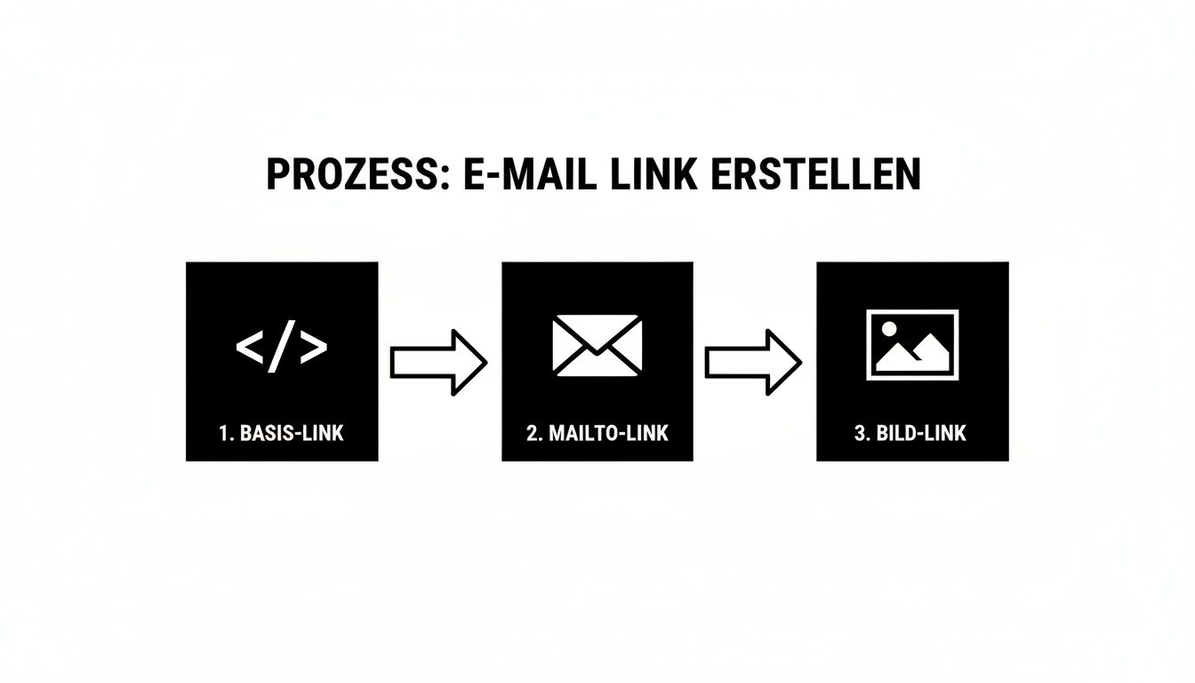 Flussdiagramm zur Erstellung eines E-Mail-Links in drei Schritten: Basis-Link, Mailto-Link, Bild-Link mit passenden Symbolen.