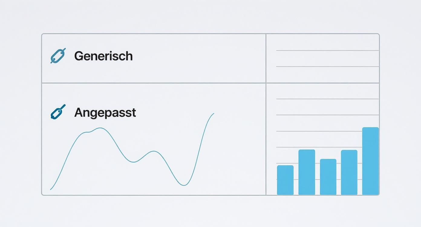 Vergleich zwischen generischen und angepassten Link-Analyse-Diagrammen mit Kurvenverläufen und Balkendiagrammen