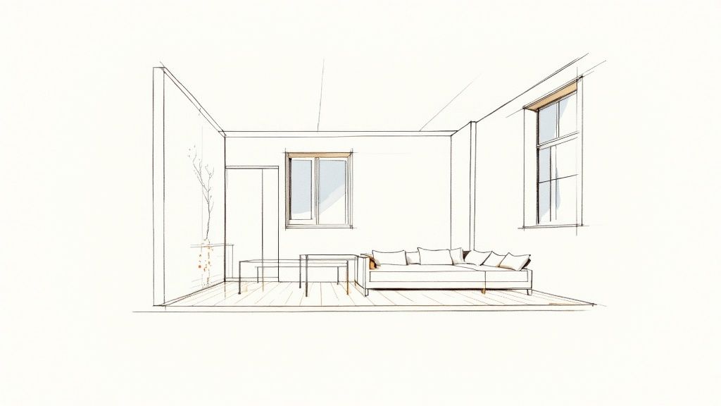 Skizze eines modernen Wohnzimmers mit Sofa, Tischen und großen Fenstern.