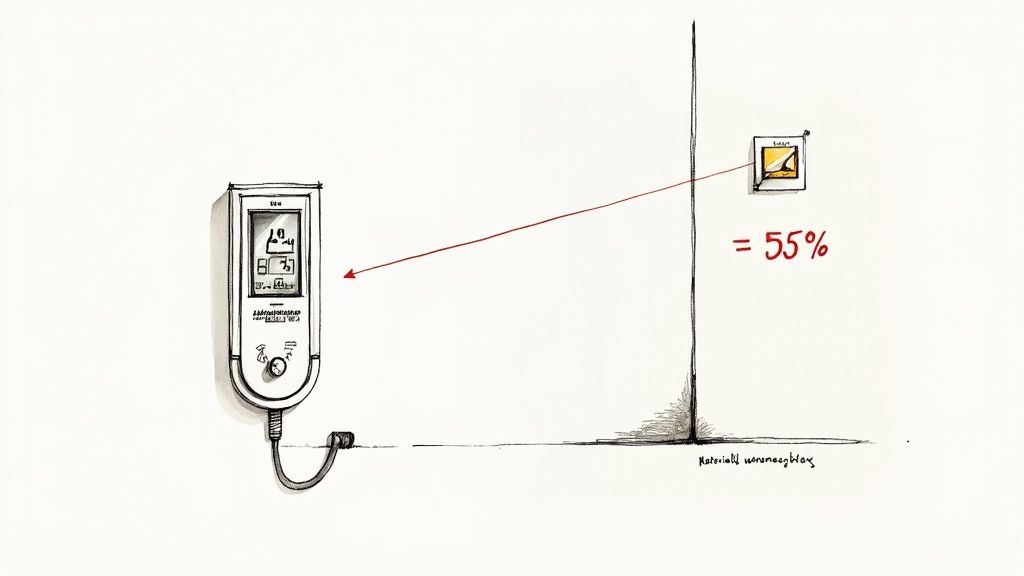 Ein Mann misst mit einem Hygrometer die Feuchtigkeit in einem Keller.