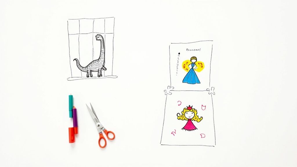 Ein ausgemaltes Ausmalbild wird mit einer Schere ausgeschnitten, um ein Bastelprojekt zu starten.