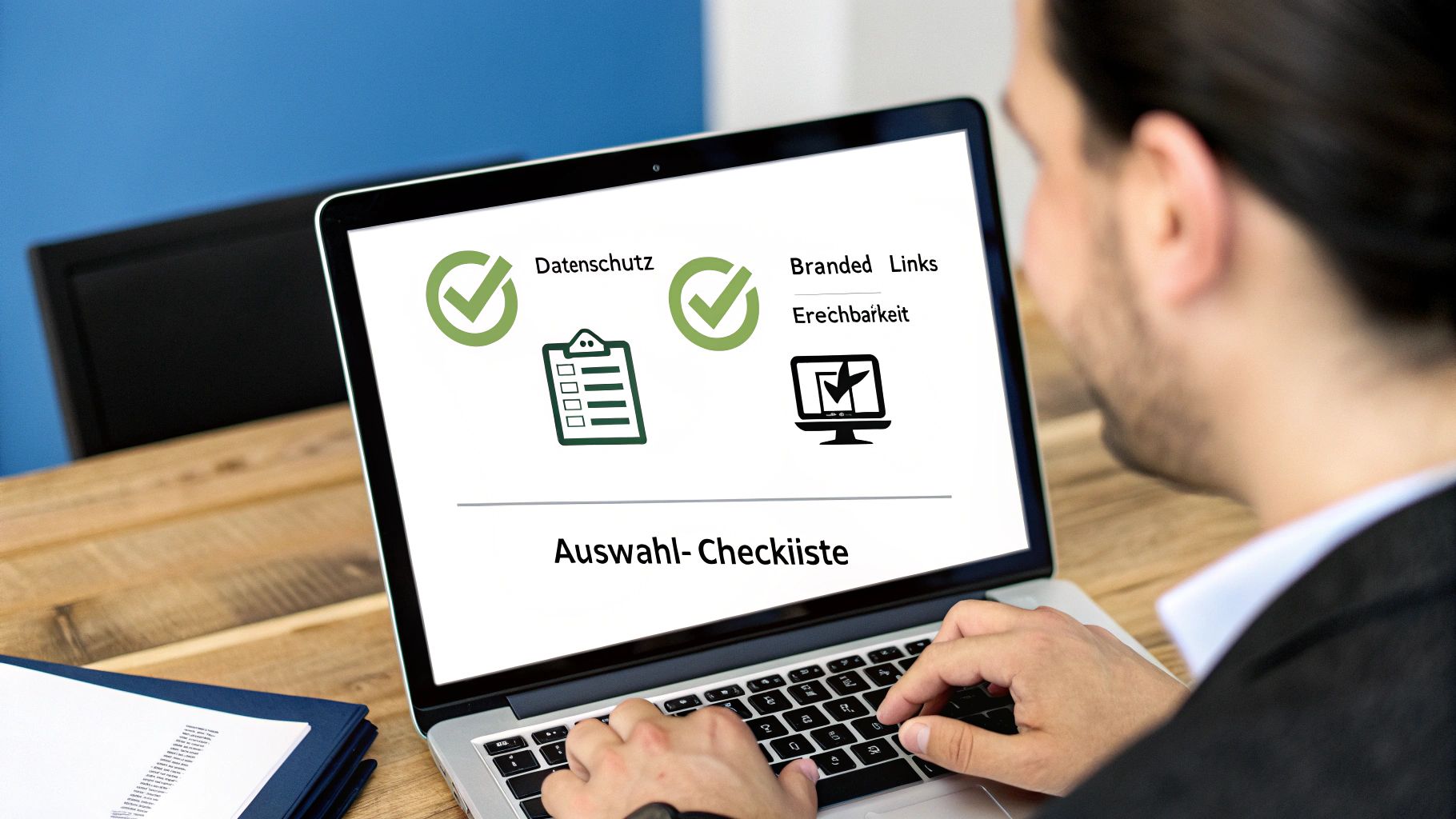 Eine Person sitzt an einem Schreibtisch und vergleicht auf einem Bildschirm verschiedene Optionen, symbolisiert durch eine Checkliste.