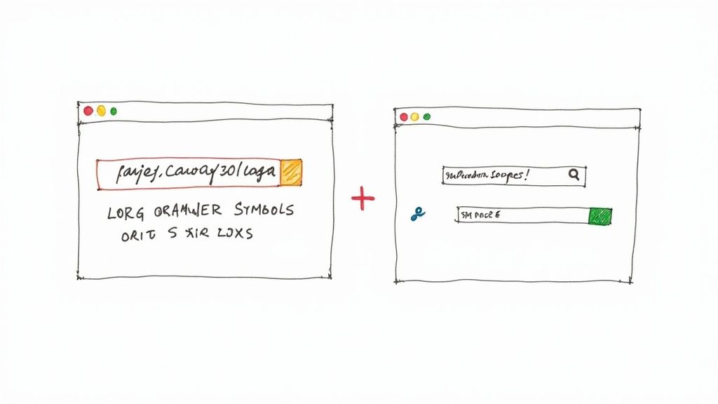 Eine Person blickt skeptisch auf eine lange, komplizierte URL auf einem Computerbildschirm