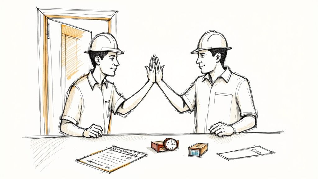 Zwei Bauarbeiter in Helmen geben sich die Hand, symbolisch für Abschluss und Vereinbarung am Tisch.