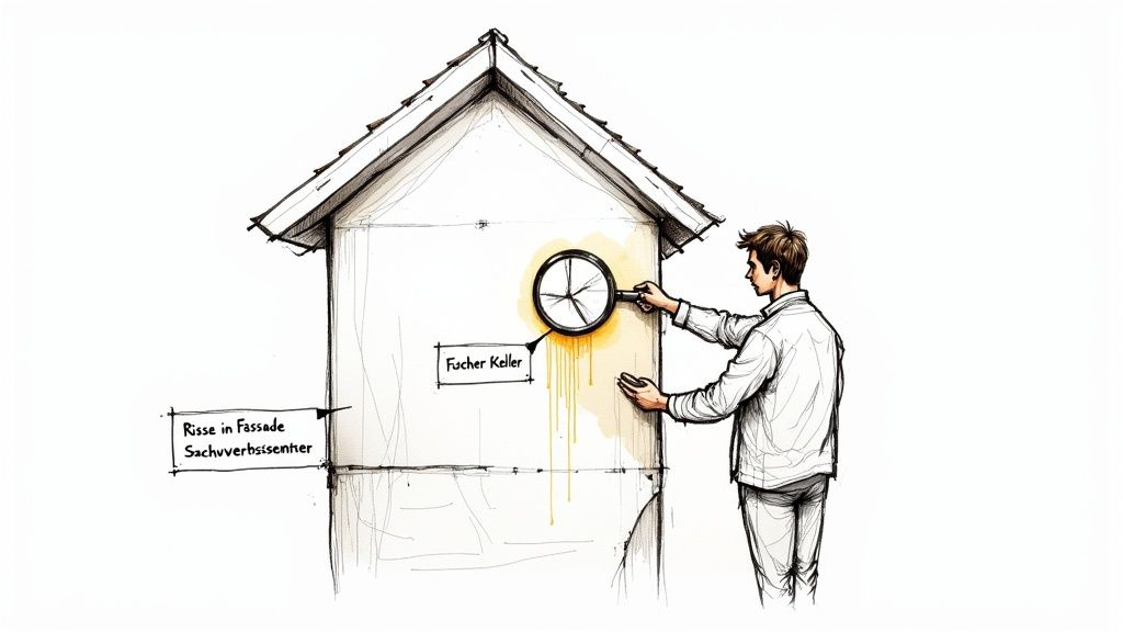 Mann inspiziert Hausfassade mit Lupe, um Risse und Feuchtigkeitsschäden zu erkennen.