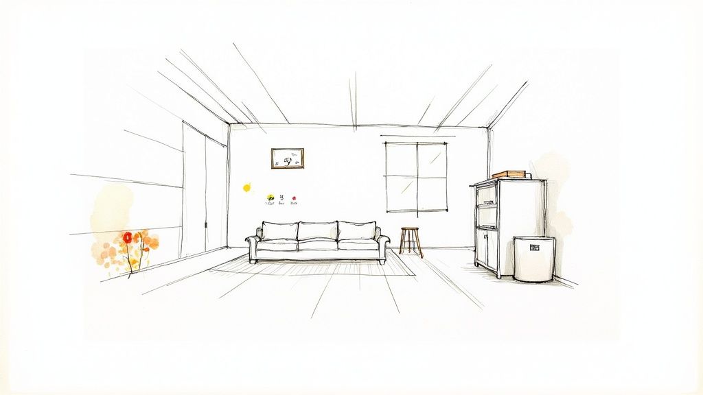 Eine Person lüftet ein Zimmer durch ein weit geöffnetes Fenster, um die Luftfeuchtigkeit zu reduzieren.