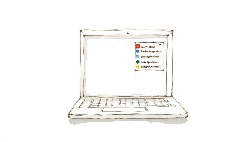 Eine Skizze eines Laptops mit einem Menü auf dem Bildschirm zur Verwaltung von Links und Eigenschaften.