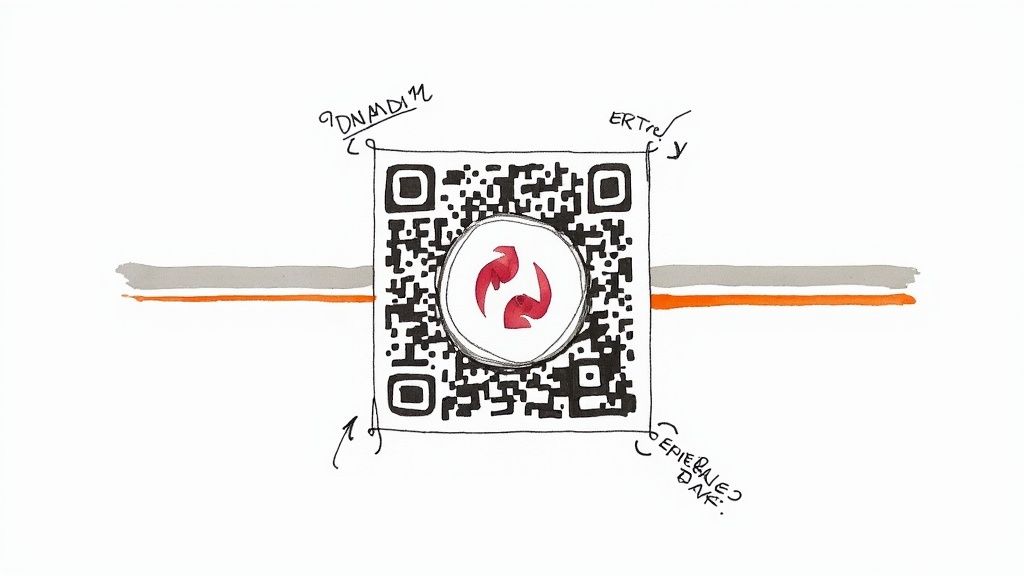 QR-Code mit rotem Logo in der Mitte, handgezeichnet mit Befestigungspunkten an den Ecken