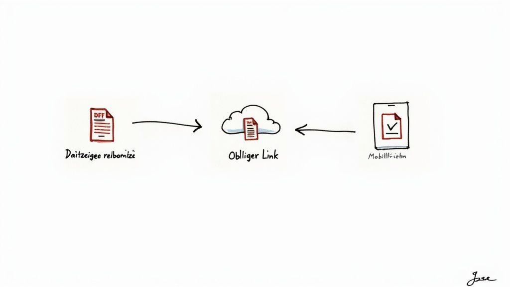 Flussdiagramm zeigt den Weg eines DFF-Dokuments über einen Link zur mobilen Freigabe.