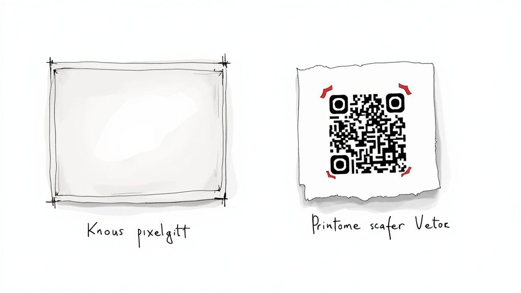 Zwei Illustrationen: links ein leeres Raster, rechts ein QR-Code auf zerfetztem Papier, der Vektorgrafiken darstellt.