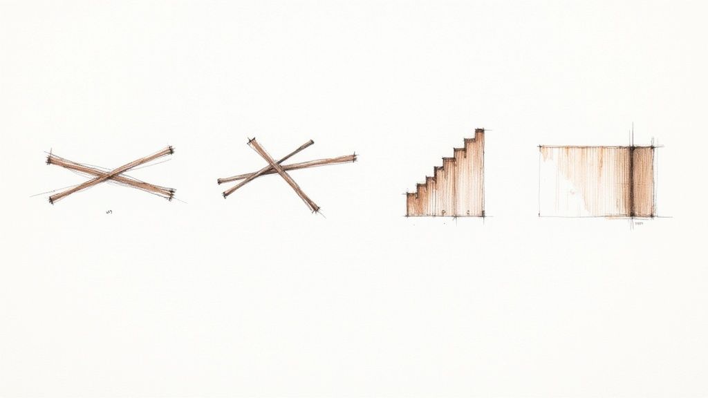 Vier architektonische Skizzen in Sepia, die verschiedene Holzstrukturen und Formen zeigen, wie gekreuzte Balken, Treppen und Wände.
