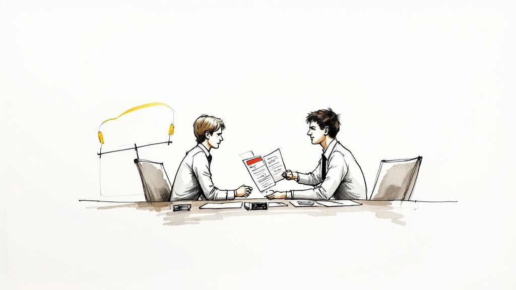 Zwei Personen bei einer Preisverhandlung über Immobilienunterlagen