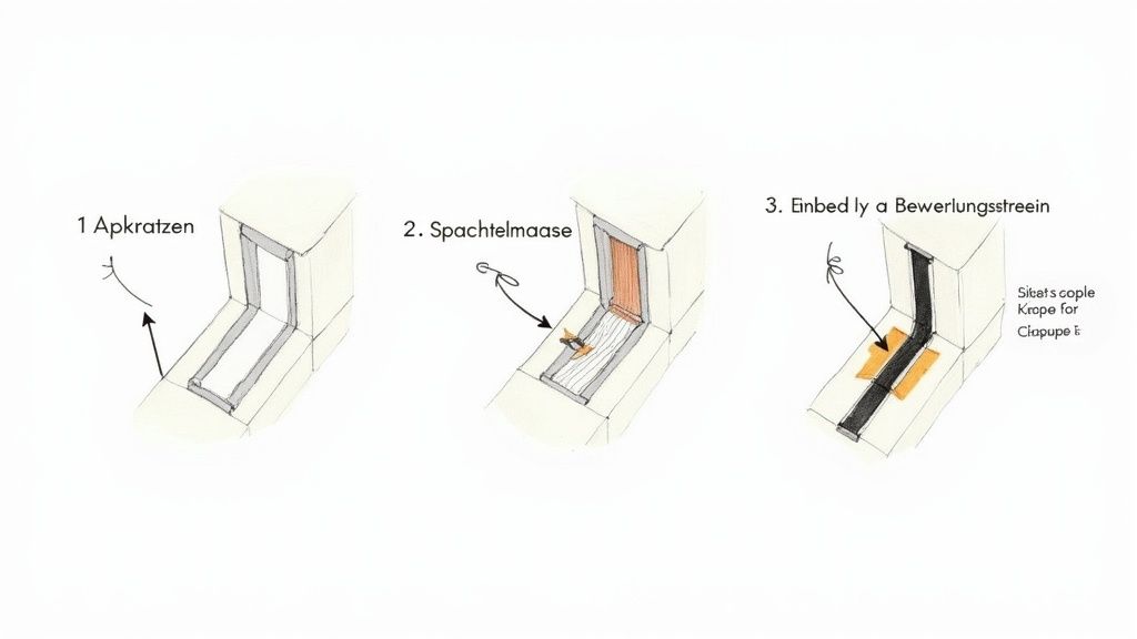 Drei Schritte zur Reparatur einer Ecke oder Fuge: Abkratzen, Spachtelmasse auftragen und Bewehrungsstreifen einbetten.