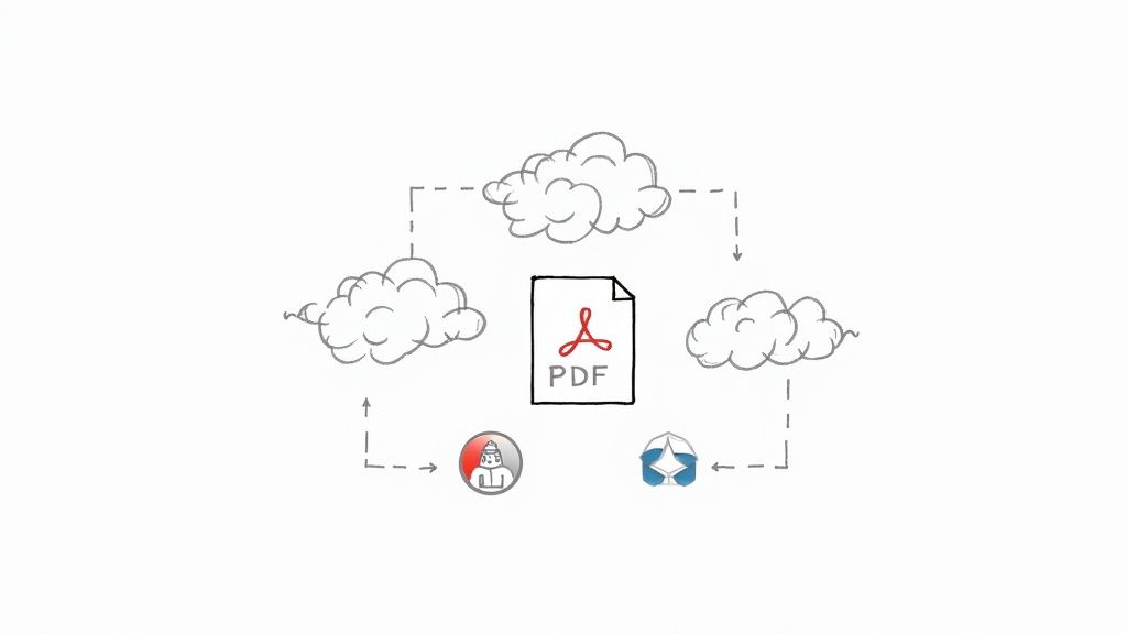 Diagramm zeigt eine PDF-Datei, die mit drei Clouds und zwei Anwendungen verbunden ist, was einen Datenaustausch und Vernetzung symbolisiert.