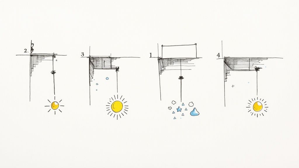 Vier architektonische Skizzen zeigen verschiedene Interaktionen von Licht und Wetter mit einer Gebäudeecke.