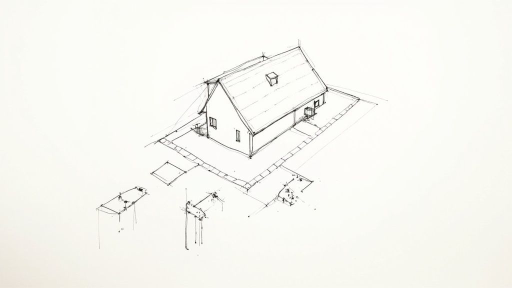 Handgezeichnete isometrische Skizze eines Hauses mit Giebeldach und umliegendem Weg.
