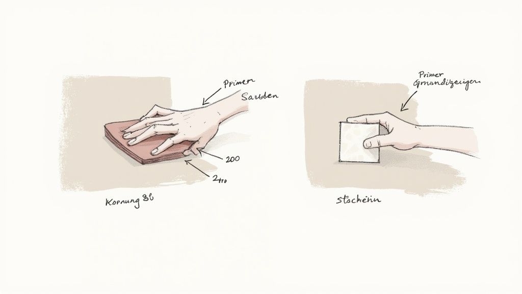 Illustrationen zeigen Hände beim Schleifen von Primer mit verschiedenen Körnungen und dem Grundieren einer Oberfläche.