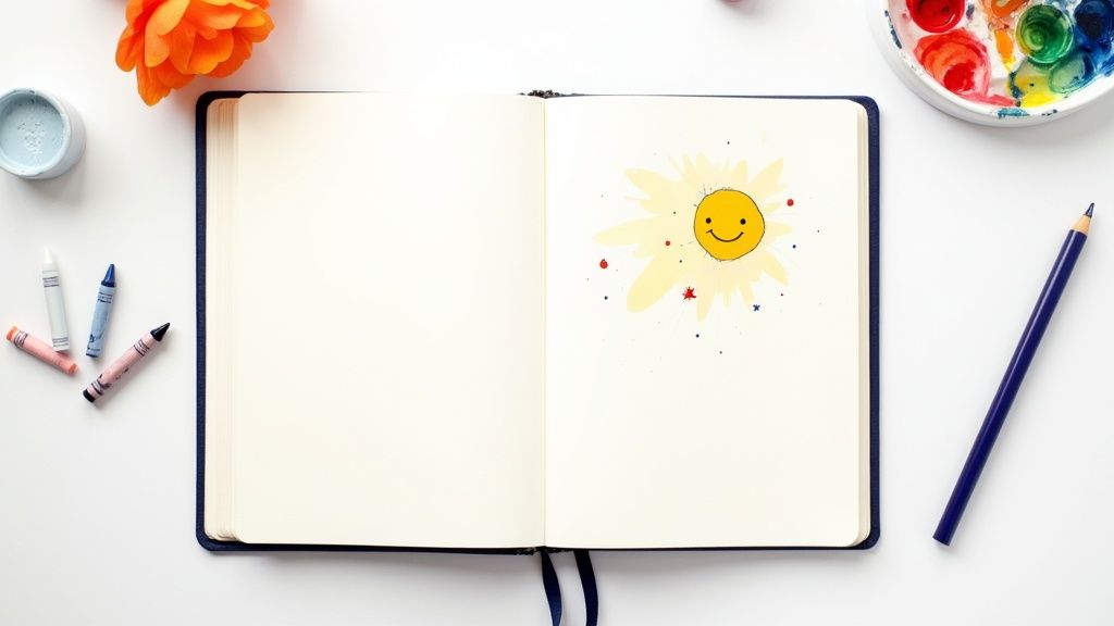 Ein Kind malt konzentriert mit bunten Wachsmalstiften auf weißem Papier.