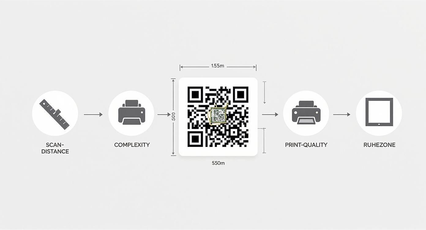 Diagramm zur Optimierung der QR-Code-Größe basierend auf Scan-Distanz, Komplexität, Druckqualität und Ruhezone.