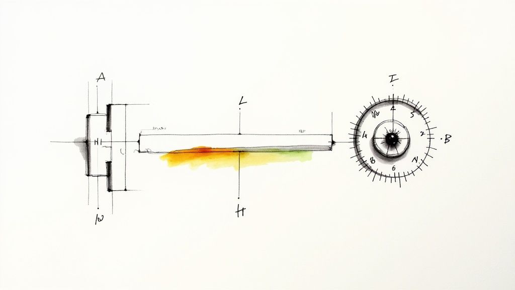 Technische Skizze eines Mechanismus oder Bauteils mit Querschnitt, farbiger Achse und nummeriertem Zifferblatt.