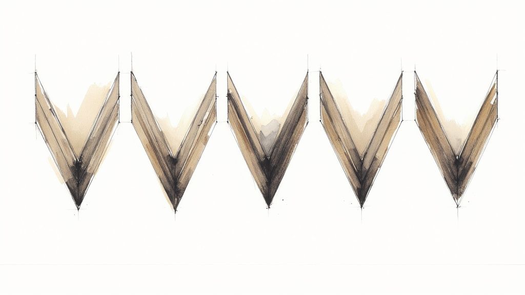 Fünf handgemalte, V-förmige Muster in Braun- und Schwarztönen auf weißem Hintergrund, möglicherweise Risse darstellend.