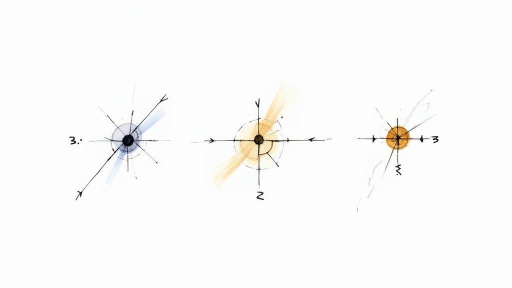 Drei schematische Darstellungen mit zentralen Punkten und strahlenden Linien, die Kräfte oder Richtungen illustrieren.