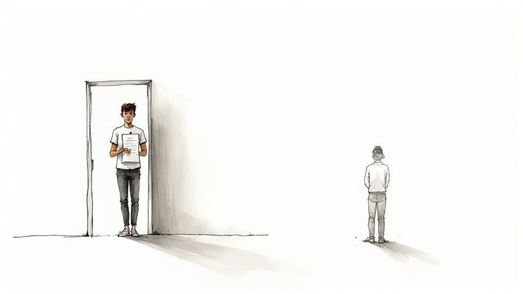 Eine Person überprüft eine Wand in einer unfertigen Wohnung während der Vorabnahme