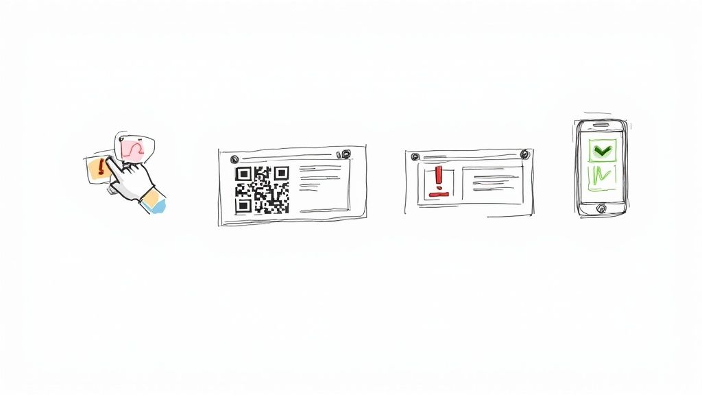 Eine Hand interagiert mit einem Bildschirm, gefolgt von einem QR-Code, einer Fehlermeldung und einem Smartphone mit Bestätigung.