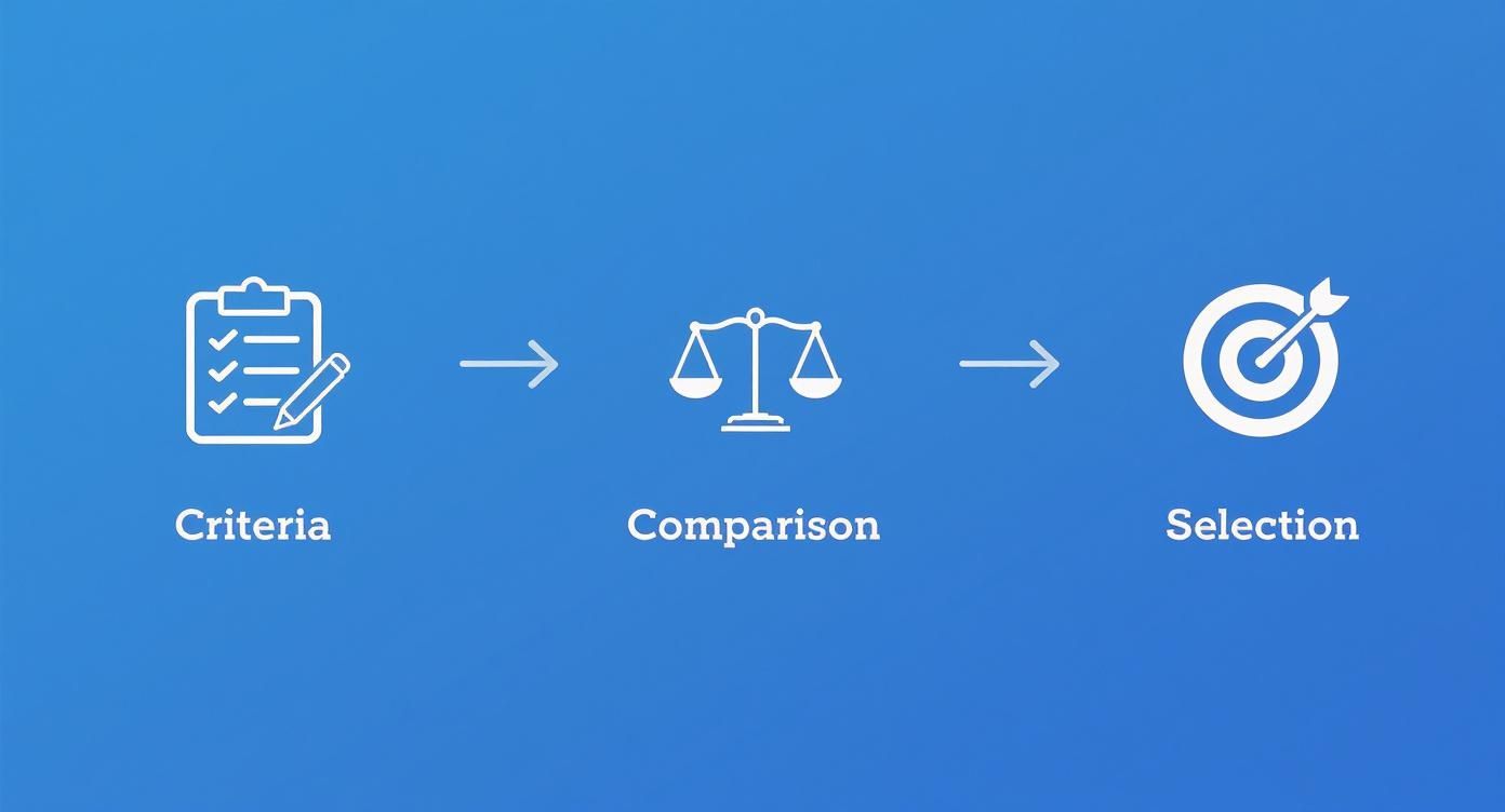 Infografik, die den Prozess der Tool-Auswahl in drei Schritten darstellt: Kriterien definieren, Optionen vergleichen und die finale Auswahl treffen.