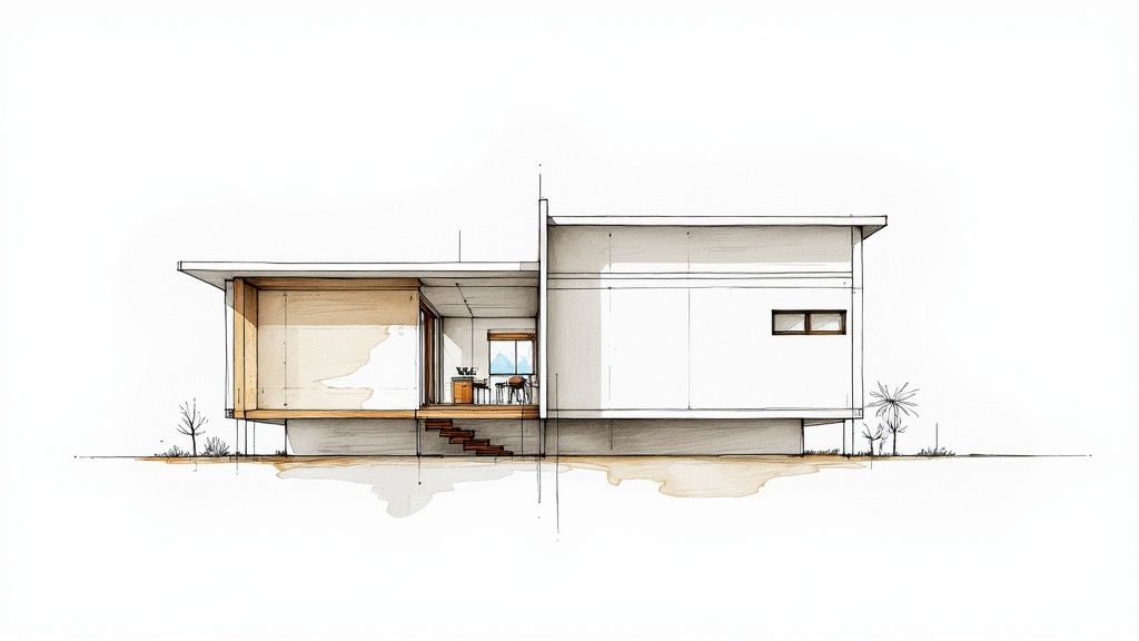 Nahaufnahme einer Baustelle mit Betonfundament und beginnendem Mauerwerk.