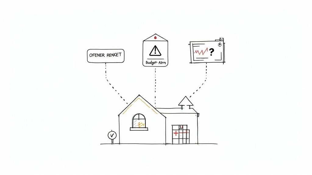 Hausskizze mit drei Symbolen: öffentliches Grundbuch, Budgetwarnung und Marktanalyse-Diagramm mit Fragezeichen